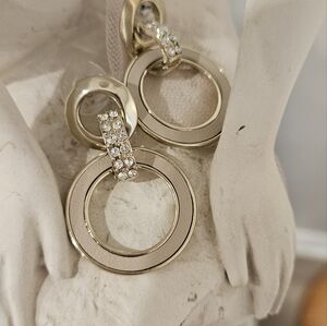 WHITE HOUSE BLACK MARKET NEUTRAL LEATHER AND RHINESTONE CIRCLE EARRINGS